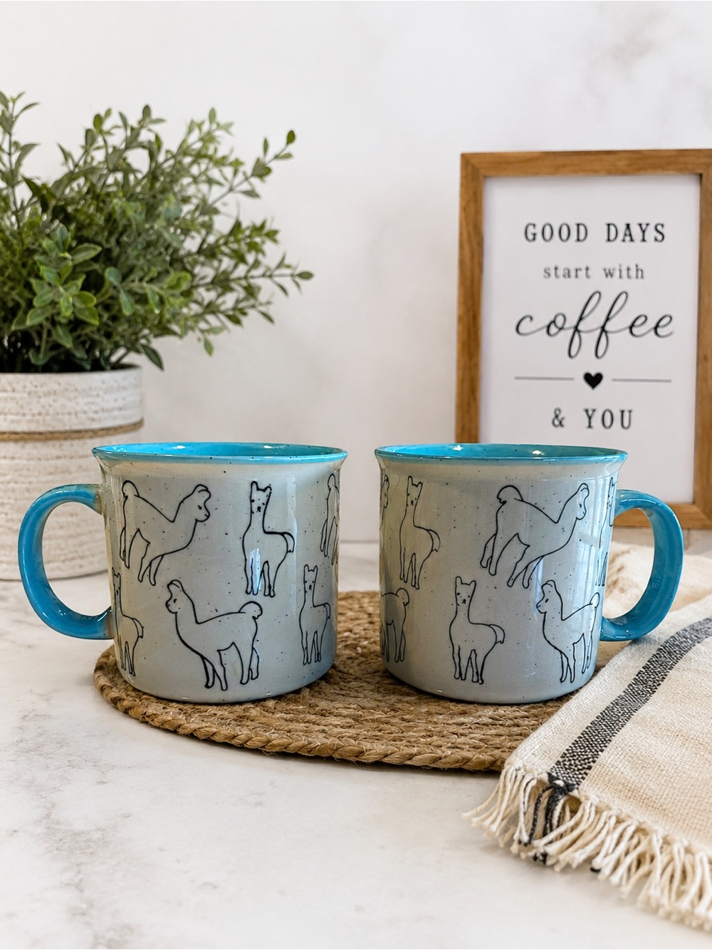 Meritage Set of 2 Llama Alpaca Stoneware Mugs Blue Speckled Coffee Cups